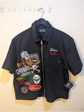 Darc Sport x Von Dutch Black Denim Work Zip Jacket Wolves CLub Patch Shirt Sz L